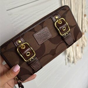Coach Brown Signature Canvas Zoe zip around wallet
